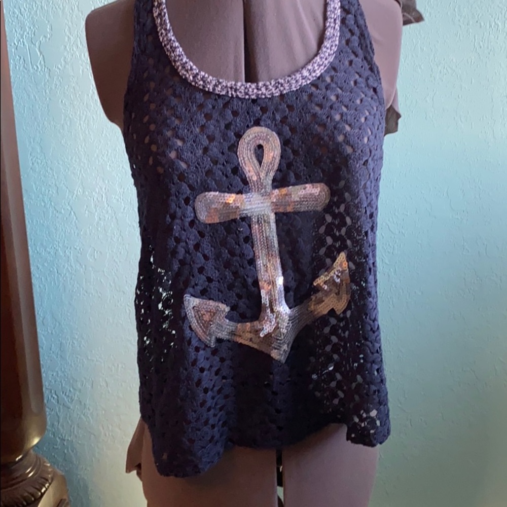 Navy Lace Tank with Silver Anchor